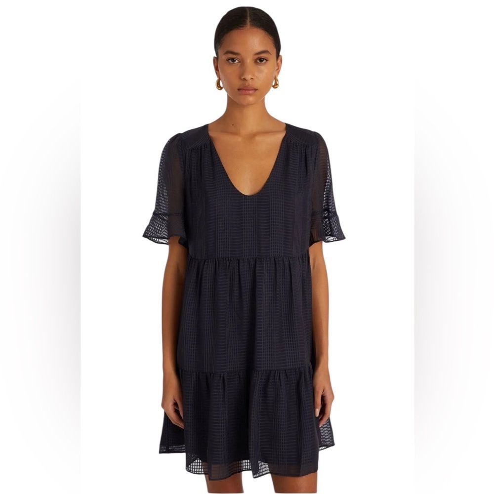 Marie Oliver Vanessa 100% silk navy v-neck flutter sleeve tiered mini dress